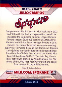2022 Choice Spokane Indians #33 Julio Campos Back