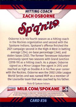 2022 Choice Spokane Indians #36 Zach Osborne Back
