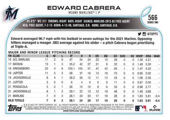 2022 Topps - Gold Star #566 Edward Cabrera Back