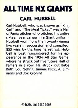 1980 TCMA All Time New York Giants (Blue Backs) #0003 Carl Hubbell Back
