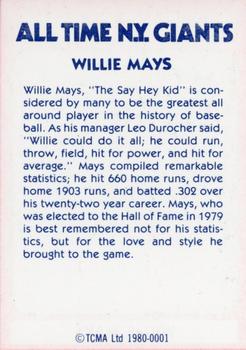 1980 TCMA All Time New York Giants (Blue Backs) #0001 Willie Mays Back