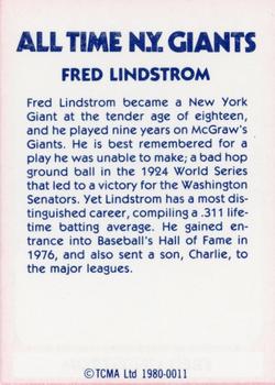 1980 TCMA All Time New York Giants (Blue Backs) #0011 Fred Lindstrom Back