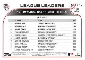 2022 Topps - Foilboard Retail #138 AL Strikeouts Leaders (Robbie Ray / Gerrit Cole / Dylan Cease)  Back