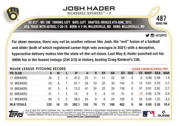 2022 Topps - 582 Montgomery #487 Josh Hader Back