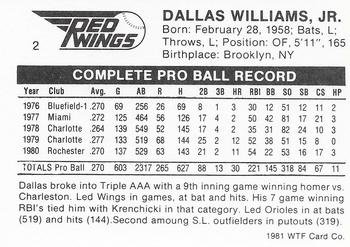 1981 WTF Rochester Red Wings #2 Dallas Williams Back