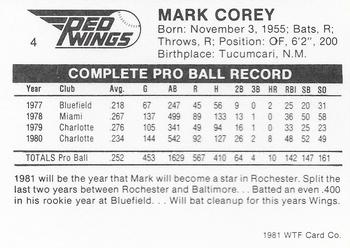 1981 WTF Rochester Red Wings #4 Mark Corey Back