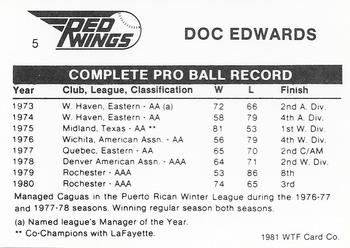 1981 WTF Rochester Red Wings #5 Doc Edwards Back