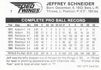 1981 WTF Rochester Red Wings #7 Jeff Schneider Back