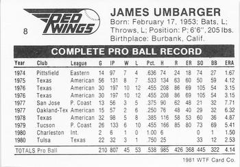 1981 WTF Rochester Red Wings #8 Jim Umbarger Back