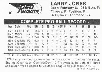 1981 WTF Rochester Red Wings #10 Larry Jones Back