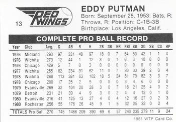 1981 WTF Rochester Red Wings #13 Ed Putnam Back