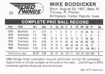 1981 WTF Rochester Red Wings #23 Mike Boddicker Back