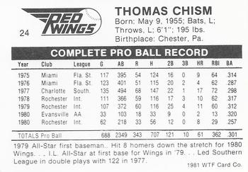 1981 WTF Rochester Red Wings #24 Thomas Chism Back