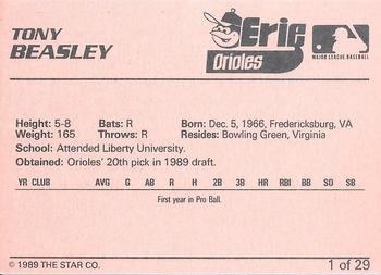 1989 Star Erie Orioles - Platinum #1 Tony Beasley Back