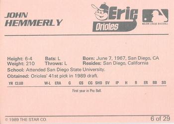 1989 Star Erie Orioles - Platinum #6 John Hemmerly Back