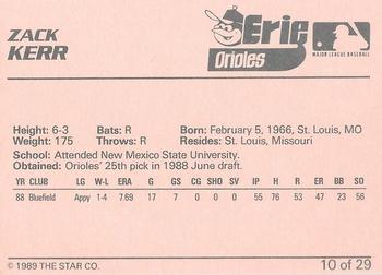 1989 Star Erie Orioles - Platinum #10 Zack Kerr Back