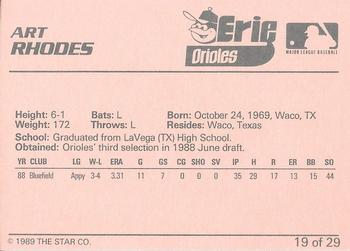 1989 Star Erie Orioles - Platinum #19 Arthur Rhodes Back
