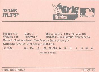 1989 Star Erie Orioles - Platinum #23 Mark Rupp Back