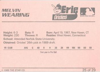 1989 Star Erie Orioles - Platinum #25 Melvin Wearing Back