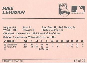 1989 Star Frederick Keys - Platinum #12 Mike Lehman Back