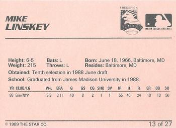 1989 Star Frederick Keys - Platinum #13 Mike Linskey Back