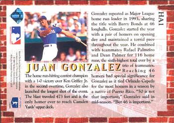 1994 Collector's Choice - Home Run All-Stars #HA1 Juan Gonzalez  Back