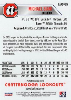 2022 Choice Chattanooga Lookouts #25 Michael Siani Back