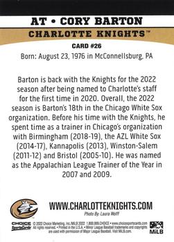2022 Choice Charlotte Knights #26 Cory Barton Back
