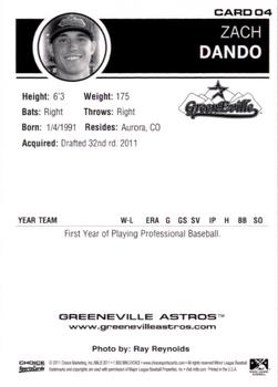 2011 Choice Greeneville Astros #04 Zach Dando Back