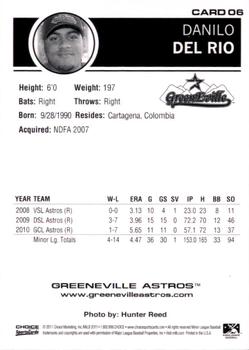 2011 Choice Greeneville Astros #06 Danilo Del Rio Back