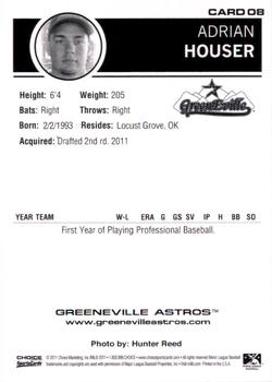 2011 Choice Greeneville Astros #08 Adrian Houser Back