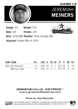 2011 Choice Greeneville Astros #13 Jeremiah Meiners Back