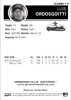 2011 Choice Greeneville Astros #17 Luis Ordosgoitti Back