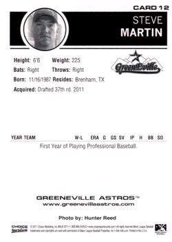 2011 Choice Greeneville Astros #12 Steve Martin Back