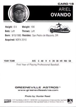 2011 Choice Greeneville Astros #18 Ariel Ovando Back