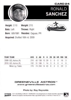 2011 Choice Greeneville Astros #24 Ronald Sanchez Back