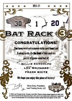 2022 Leaf Lumber - Bat Rack 3 Relics Purple #BR3-21 Willie Randolph / Lou Whitaker / Frank White Back