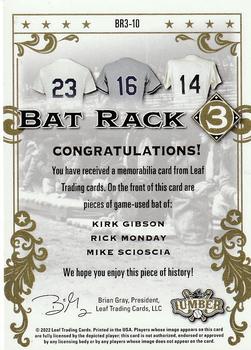 2022 Leaf Lumber - Bat Rack 3 Relics Emerald #BR3-10 Kirk Gibson / Rick Monday / Mike Scioscia Back