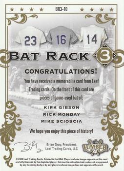 2022 Leaf Lumber - Bat Rack 3 Relics Red #BR3-10 Kirk Gibson / Rick Monday / Mike Scioscia Back