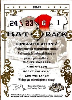 2022 Leaf Lumber - Bat Rack 4 Relics Bronze #BR4-3 Miguel Cabrera / Kirk Gibson / Rocky Colavito / Lou Whitaker Back