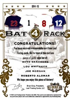 2022 Leaf Lumber - Bat Rack 4 Relics Bronze #BR4-16 Ryne Sandberg / Lou Whitaker / Joe Morgan / Roberto Alomar Back