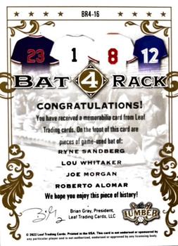 2022 Leaf Lumber - Bat Rack 4 Relics Purple #BR4-16 Ryne Sandberg / Lou Whitaker / Joe Morgan / Roberto Alomar Back