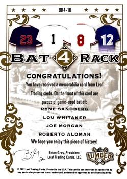 2022 Leaf Lumber - Bat Rack 4 Relics Platinum #BR4-16 Ryne Sandberg / Lou Whitaker / Joe Morgan / Roberto Alomar Back