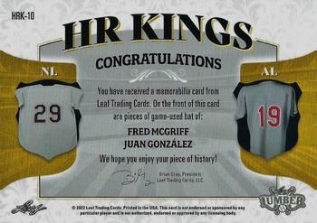 2022 Leaf Lumber - HR Kings Relics Silver #HRK-10 Fred McGriff / Juan González Back
