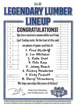 2022 Leaf Lumber - Legendary Lumber Lineup Relics Bronze #LLL-03 Fred McGriff / Lou Whitaker / Robin Yount / Pete Rose / Johnny Bench / Rickey Henderson / Kirby Puckett / Darryl Strawberry Back