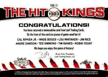 2022 Leaf Lumber - The Hit Kings Relics Gold #THK-11 Cal Ripken Jr. / Wade Boggs / Lou Whitaker / Jim Rice / Andre Dawson / Ted Simmons / Tim Raines / Robin Yount Back
