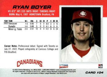 2022 Choice Vancouver Canadians #04 Ryan Boyer Back