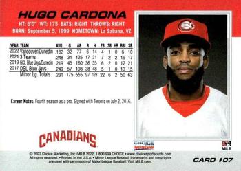 2022 Choice Vancouver Canadians #07 Hugo Cardona Back