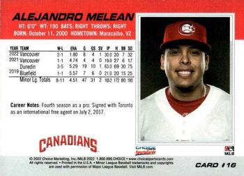 2022 Choice Vancouver Canadians #16 Alejandro Melean Back