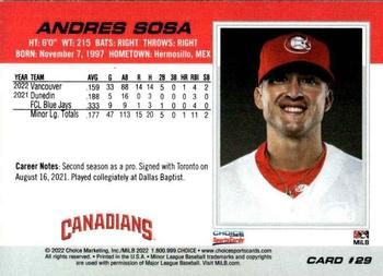 2022 Choice Vancouver Canadians #29 Andres Sosa Back